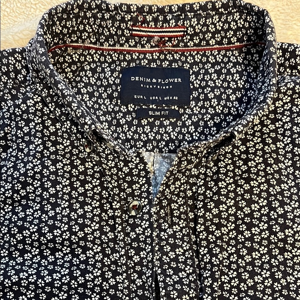 Mens Denim & Flower Black Floral Casual Button Down Shirt - slim fit